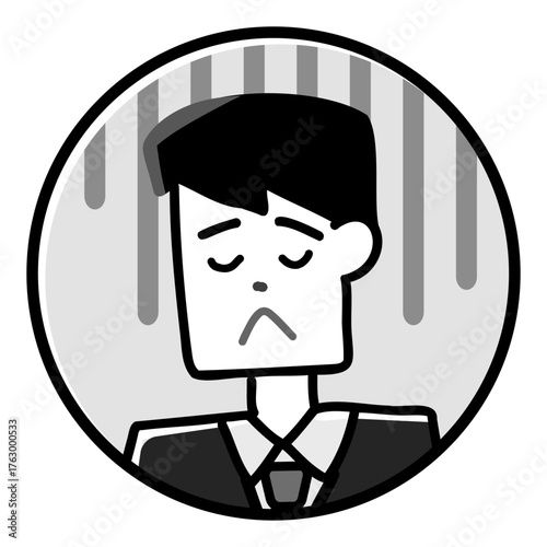 仕事で落ち込むスーツ男性の丸形アイコンイラスト　悩みや失敗に戸惑うビジネスマンの表情を描いた素材