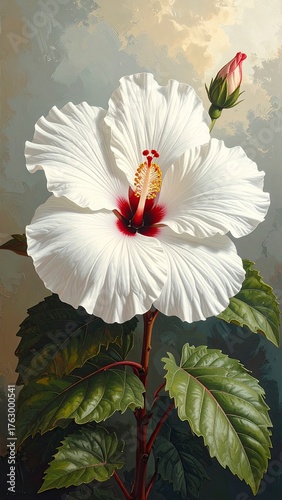 Elegant White Hibiscus Blossom - A Botanical Art Piece.