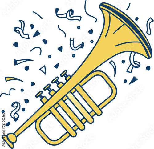 Illustration of a yellow trumpet with musical notes and confetti, conveying a festive and lively atmosphere on a white background.