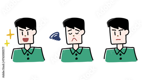 感情豊かな男性の表情を手描きでまとめたイラストセット　喜びや悩みなど多彩なリアクションを描いた人物素材