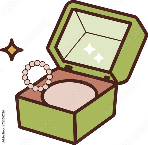An illustration of an open green jewelry box with a pearl bracelet inside and two sparkling stars above. It conveys elegance and simplicity.