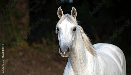 Elegant White Horse Portrait - A Majestic Glimpse in Natures Embrace.
