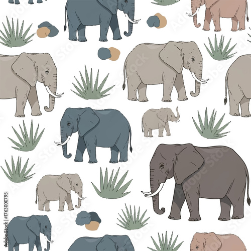 Elephant Pattern: An artistic representation of several elephants walking, scattered about along with shrubbery and pebbles, offering an engaging visual feast. 