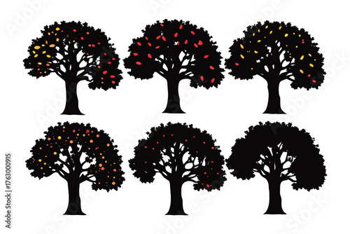 Silhouette of Trees in Autumnal Splendor: A captivating silhouette captures the essence of autumn as trees stand tall, adorned with vibrant foliage in shades of gold, red, and crimson. A poetic scene