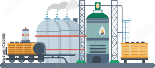 Illustration of an oil refinery with storage tanks emitting steam, a large tank with an oil drop symbol, and two train cars on tracks, set against a white background.