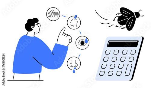 Man interacts with sensory perceptions of sight, smell, touch, represented by icons while a flying insect and calculator appear nearby. Ideal for education, science, learning, research, perception