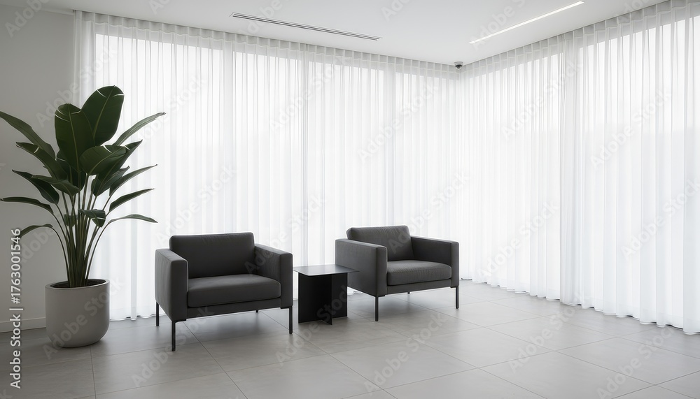 Fototapeta premium Comfortable lobby seating area with plant and large window, reception area furniture