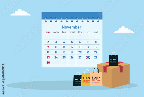 Vector illustration of a november calendar marking black friday with shopping bags and gift boxes, symbolizing big sales, discounts, and holiday shopping excitement
