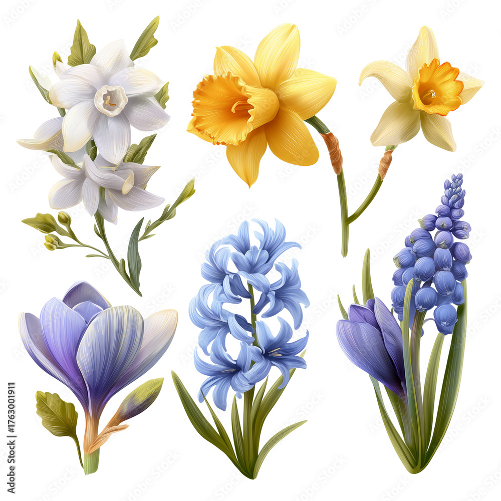 Obraz premium Collection of spring flowers including daffodils hyacinths and crocuses isolated on transparent background