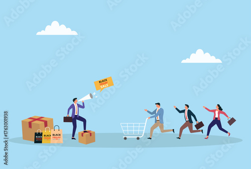 Vector illustration of businessmen and businesswoman running with shopping carts and bags toward a black friday sale announcement, symbolizing discount shopping, promotion, and retail excitement