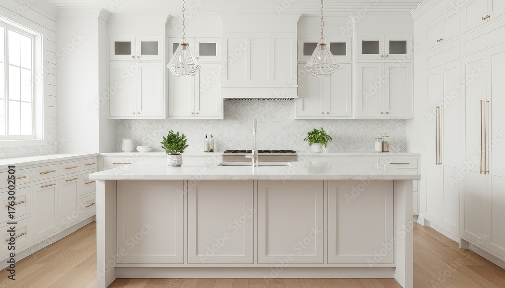 Fototapeta premium White shaker kitchen with island, herringbone tile backsplash, and warm wood flooring