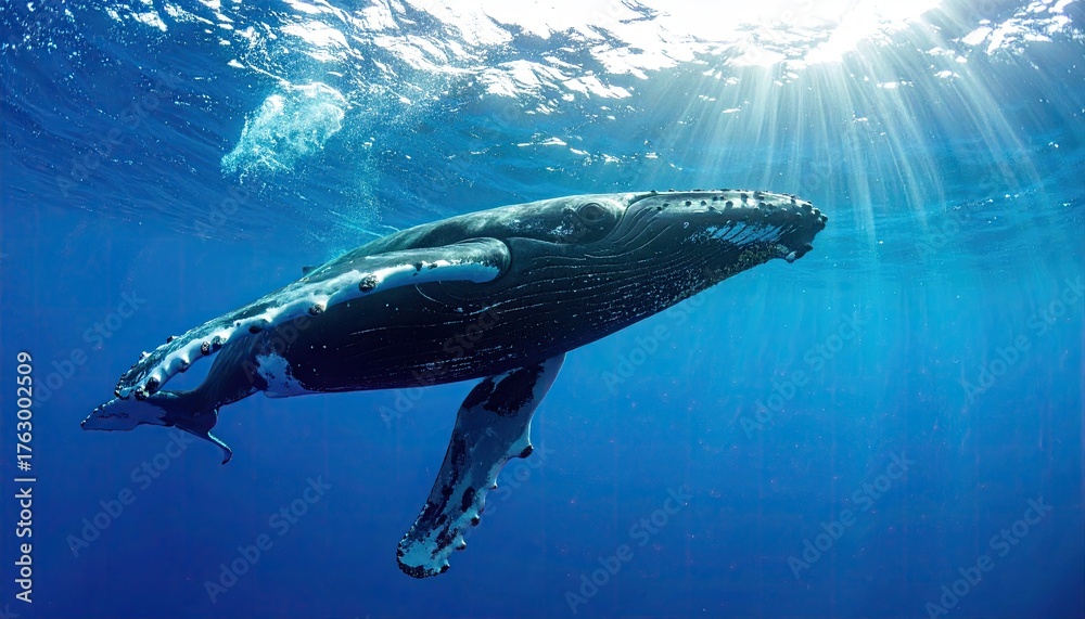 Fototapeta premium Majestic Humpback Whale Swimming Under Sunlit Ocean Surface Rays of Light Dappling Deep Blue Water