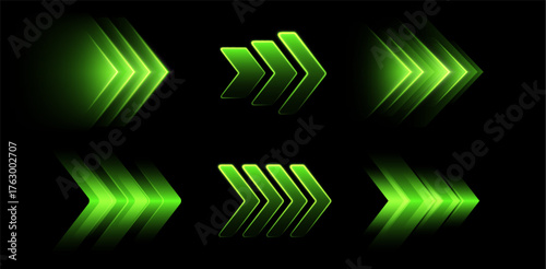 Glowing green arrows, dynamic glowing pointers, fast motion. Movement, boost or action concept. Vector illustration.