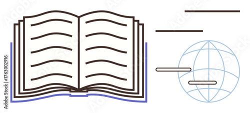 Open book with globe outline and horizontal text lines. Ideal for education, globalization, literacy, knowledge, research, publishing, language learning. Simple flat metaphor