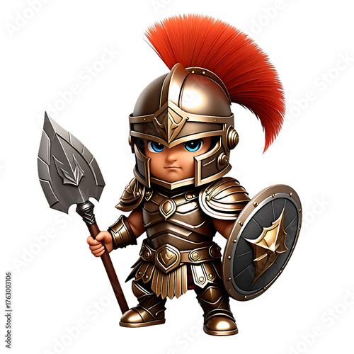 Adorable stylized spartan warrior with helmet and spear ready for battle, embodying courage, strength, and ancient history, perfect for brave designs