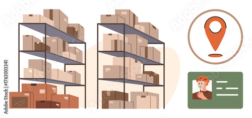 Stacked storage racks with boxes, a location marker, and an employee ID card. Ideal for logistics, inventory, supply chain, warehouse management, organization shipping storage. Simple flat metaphor