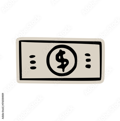 Dollar bill cash money currency scrapbook doodle sticker icon: hand drawn illustration of financial payment, business transaction, and minimal investment design