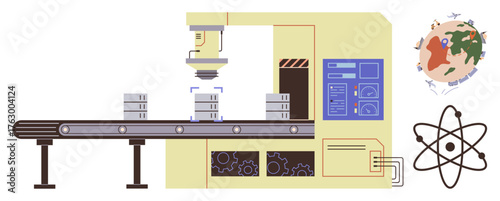Robotic arm assembling containers on conveyor, industrial gear and atomic model, Earth map. Ideal for automation, engineering, manufacturing, global industry, science innovation technology. Simple