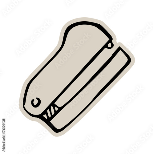 Paper stapler office stationery doodle sticker icon: hand drawn illustration of binding tool, document organization, and minimal business design