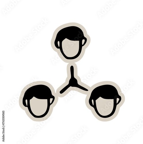 Hand drawn vector illustration of three connected people heads icon, network or organizational chart sticker, group, team, social media, collaboration, or community concept art