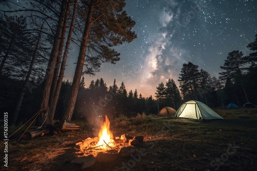 Campfire Burning Under Starry Sky in Forest  Adventure Travel Night