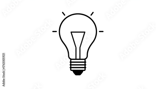 Black and white illustration of a glowing lightbulb, simple and minimalistic