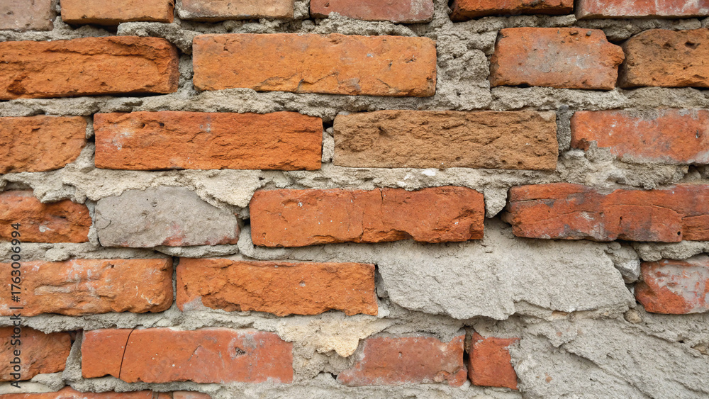 Fototapeta premium Close-up of an old, weathered red brick wall with uneven, rough mortar. Ideal for backgrounds, textures, and architectural themes