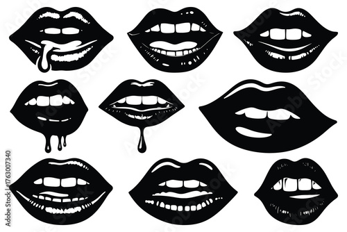 Black Lips With Dripping Liquid And Teeth Mouths white