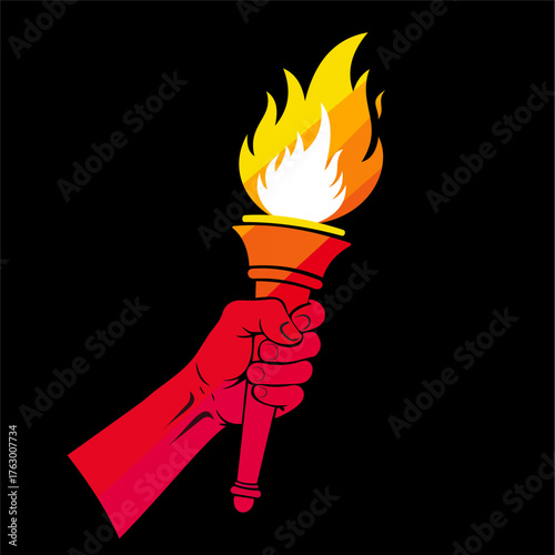A hand holding a flaming torch, symbolizing freedom, enlightenment, and the pursuit of knowledge against a dark background