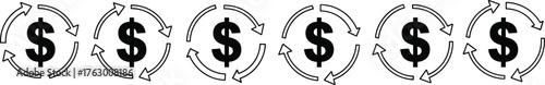 Dollar sign cycle icon set, financial flow vector, currency exchange symbol, economic process illustration, money circulation graphic, black and white design