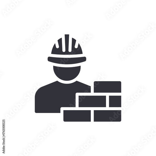 Builder Icon With Helmet And Brick Wall Illustration