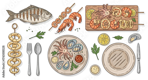 A vibrant overhead illustration showcasing a diverse seafood feast, featuring grilled fish, succulent shrimp skewers, calamari rings, and assorted shellfish ...