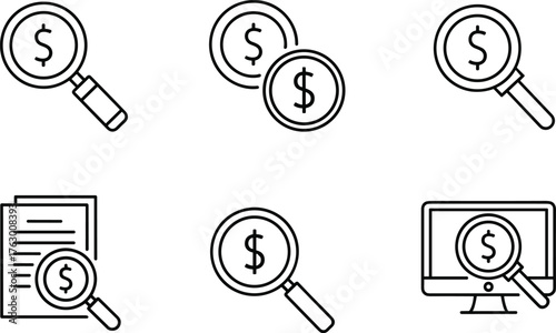 Financial analysis icon set, magnifying glass with dollar sign, audit symbols, money inspection graphics, black and white vector illustration