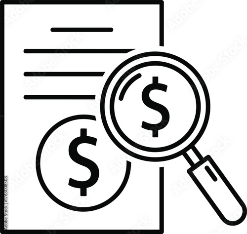 Financial document analysis icon, dollar sign inspection graphic, audit vector illustration, money scrutiny symbol, black and white design template