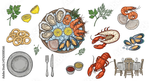 A collection of vintage-style seafood illustrations featuring a platter with oysters, shrimp, lobster, and dining elements.