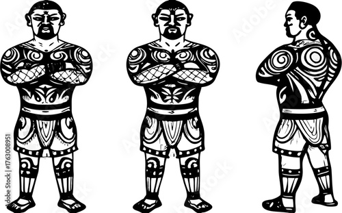 Bold tribal warrior displays intricate tattoos in a powerful stance, showcasing strength and cultural heritage art