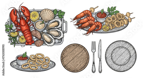 A collection of vintage-style illustrations featuring seafood platters with lobster, oysters, shrimp, and calamari.
