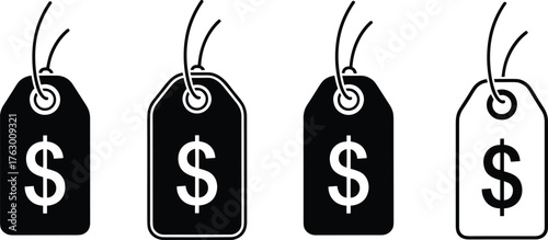 Price tag icon set, dollar sign label vector, black and white merchandise graphic, retail cost symbol, minimal design illustration