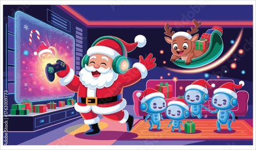 Santa claus enjoying video games with elves and reindeer during a festive holiday season