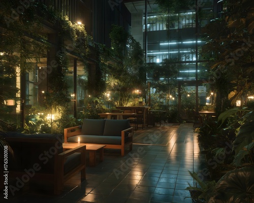 Cozy Indoor Garden with Ambient Lighting and Greenery in Modern Space