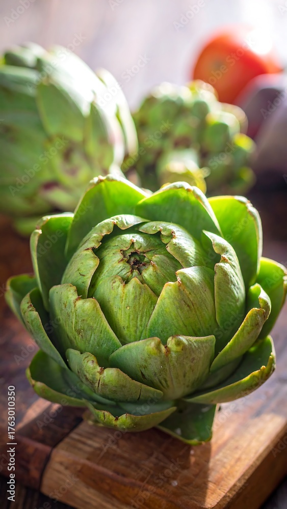 Fototapeta premium Close-up focus on an artichoke, with blurred vegetables in the background
