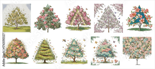 Collection of diverse artistic trees botanical drawings and renderings for nature projects