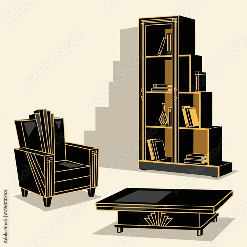 Art Deco furniture set with armchair bookcase and coffee table in a room.