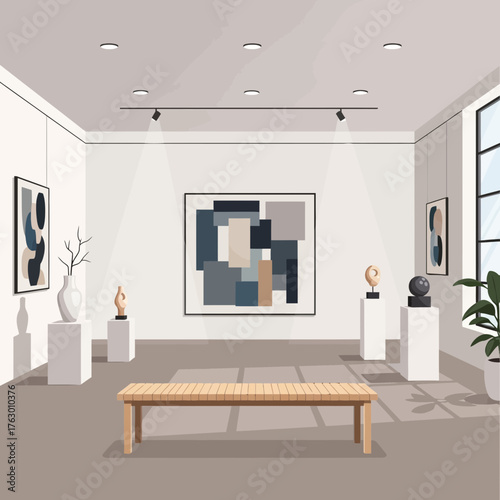 Art gallery interior with paintings sculptures and a bench.