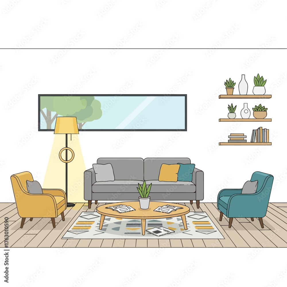 Fototapeta premium Cozy and Modern Living Room Interior Design with Comfortable Furniture.