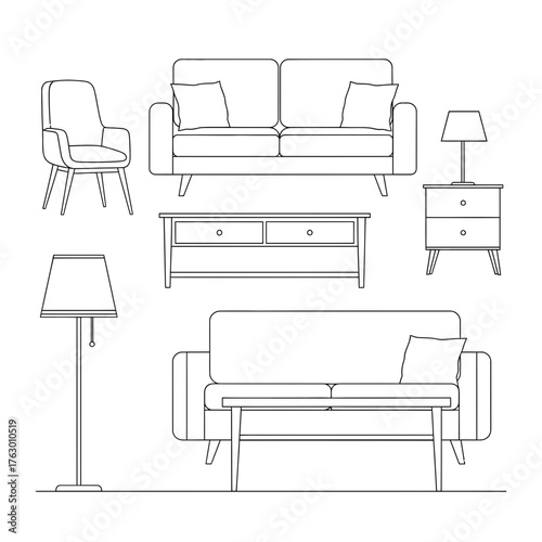 Collection of Modern Furniture Line Art for Interior Design.