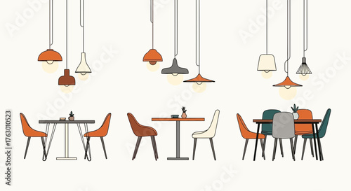 Collection of modern dining tables chairs and pendant lamps.