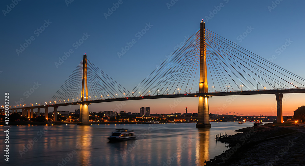 Obraz premium Illuminated Suspension Bridge Spanning Water at Dusk A Scenic Urban Vista