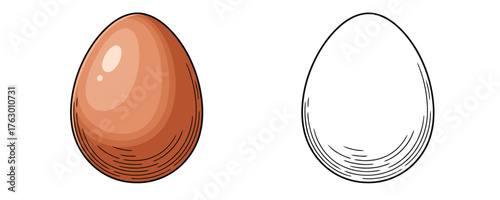 Isolated realistic hand-drawn vector sketch of a whole brown chicken egg object in a colorful style and lineart for a recipe book or coloring page