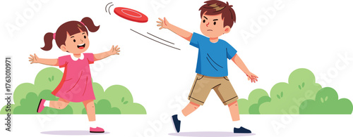 Cartoon Kids Playing Frisbee Illustration, Boy Throwing Flying Disc, Outdoor Activity, Happy Childhood Fun Vector